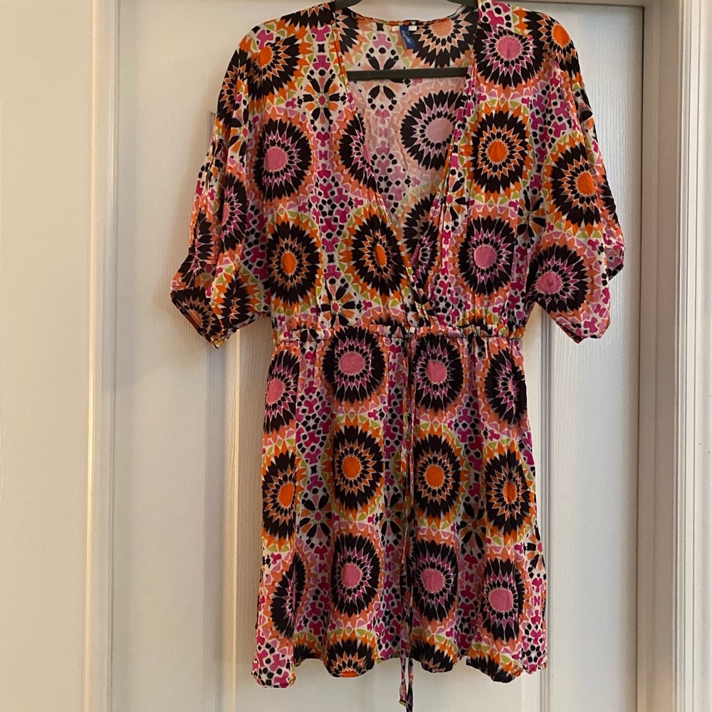 Purple and Orange Graphic Tie Front 3/4 Sleeve Swim Coverup